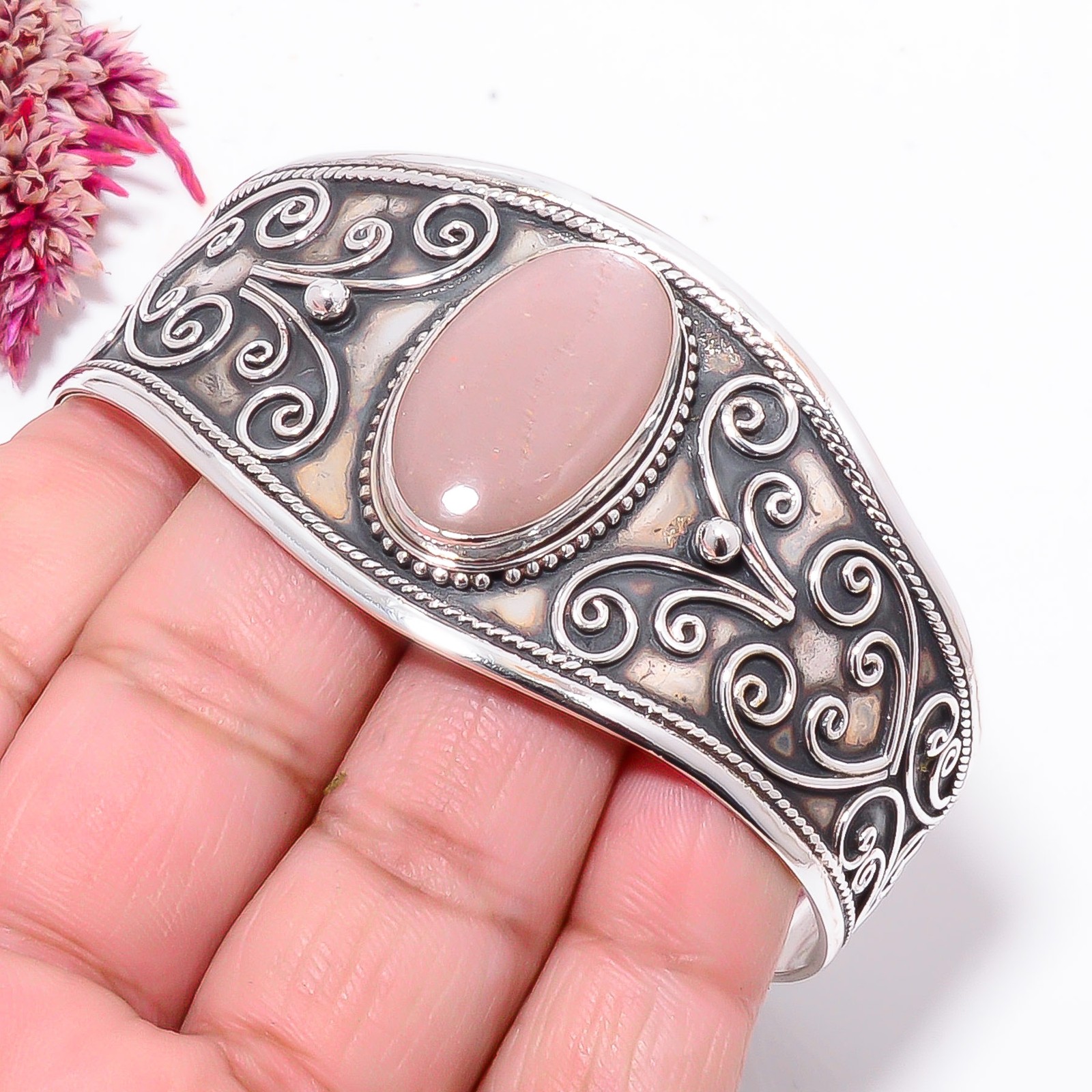 Peach Moonstone – Sri Lanka 925 Sterling Silver Bali Cuff|C968558710