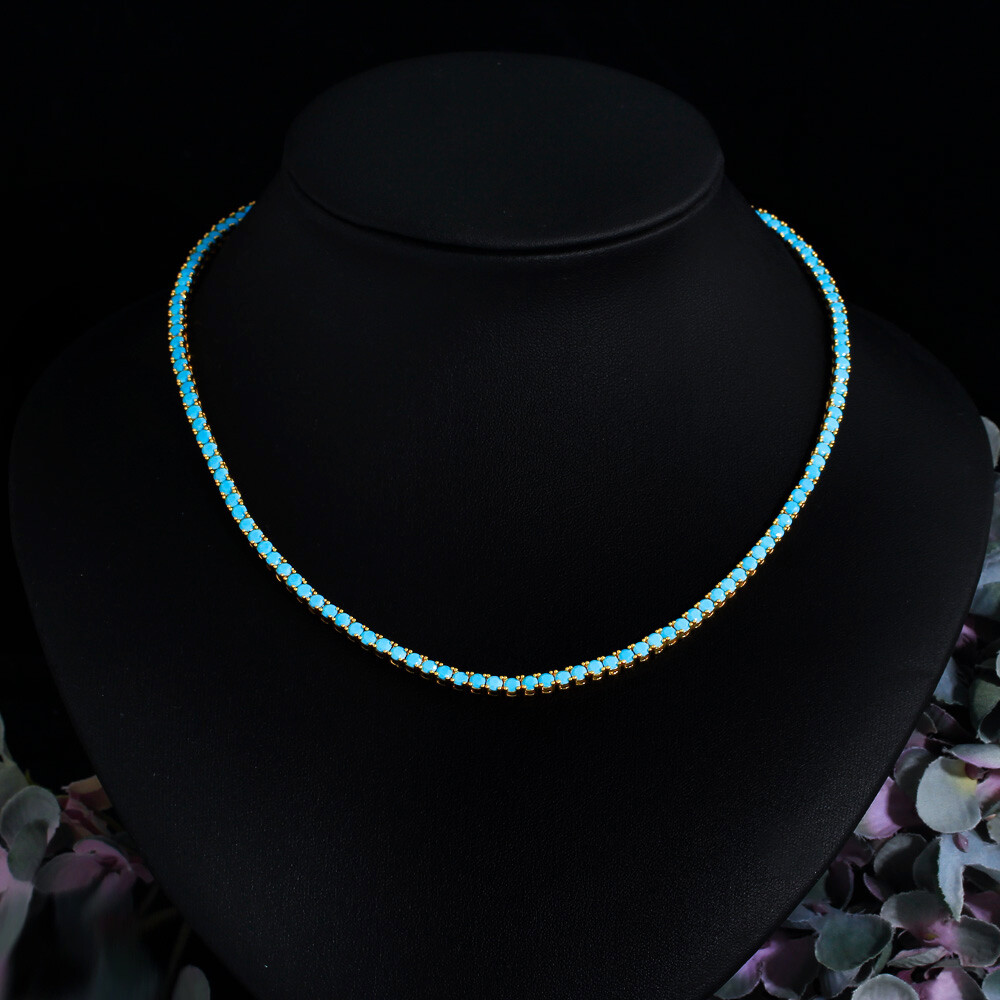 Yellow Gold Plated 3mm Round Turquoises Tennis Chain Choker Necklace for Women