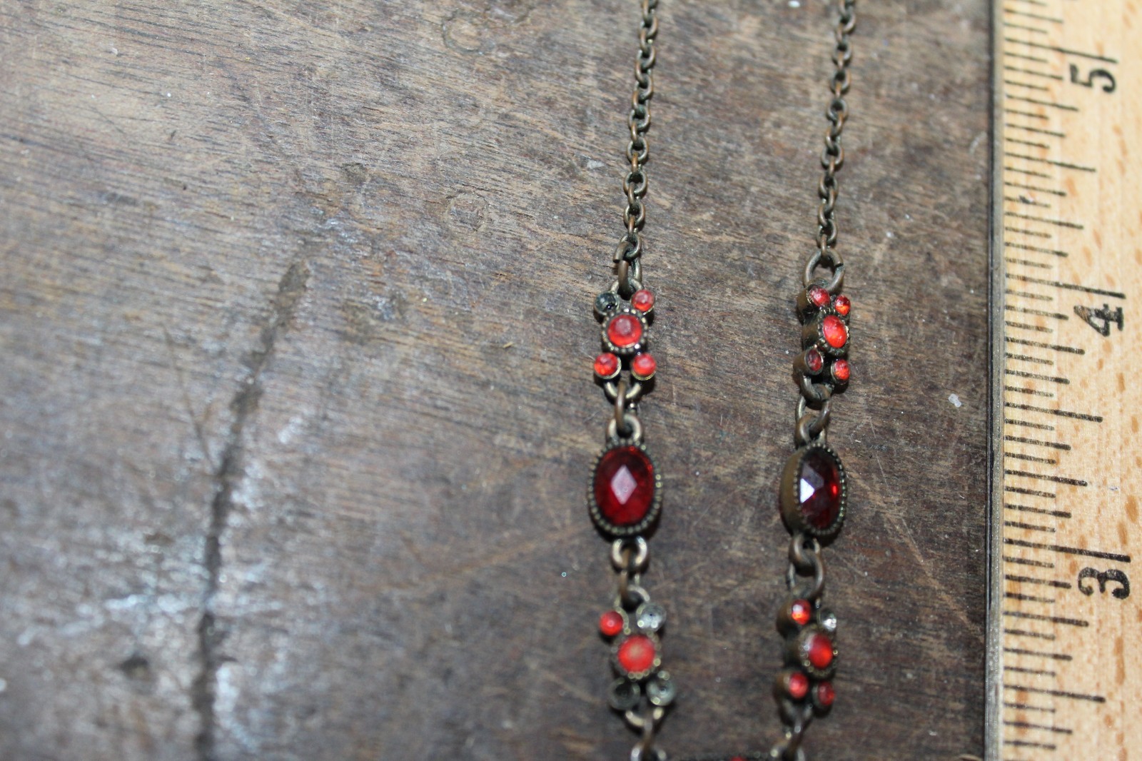 Vintage Aged Brass Finish Red Stones Pendant Necklace Approx 20″