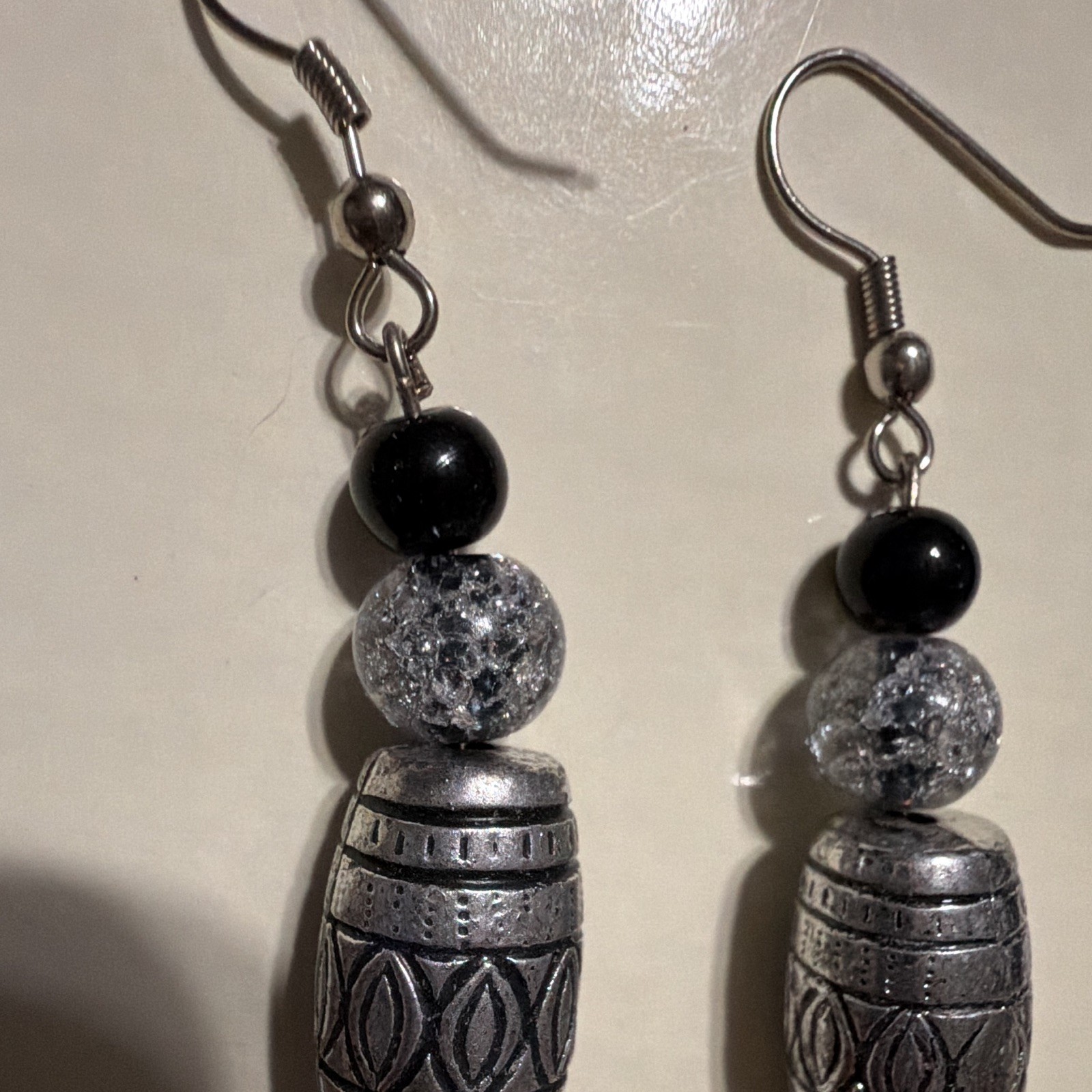 Silver Tone Barrel Bead Dangle/Drop Earrings, Hook Closure, Black Clear Glass