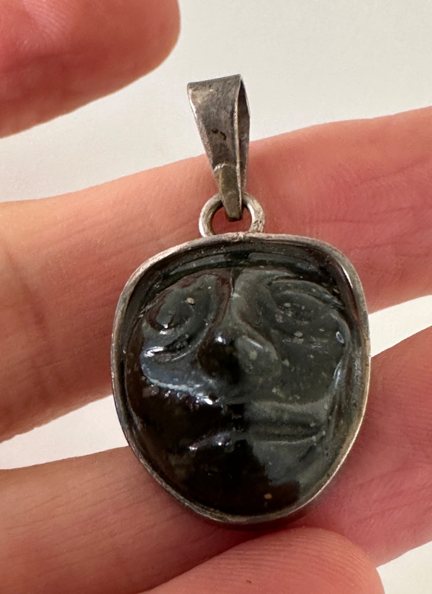 Carved Ganesh Pendant Silver Black Speckled Gemstone Charm