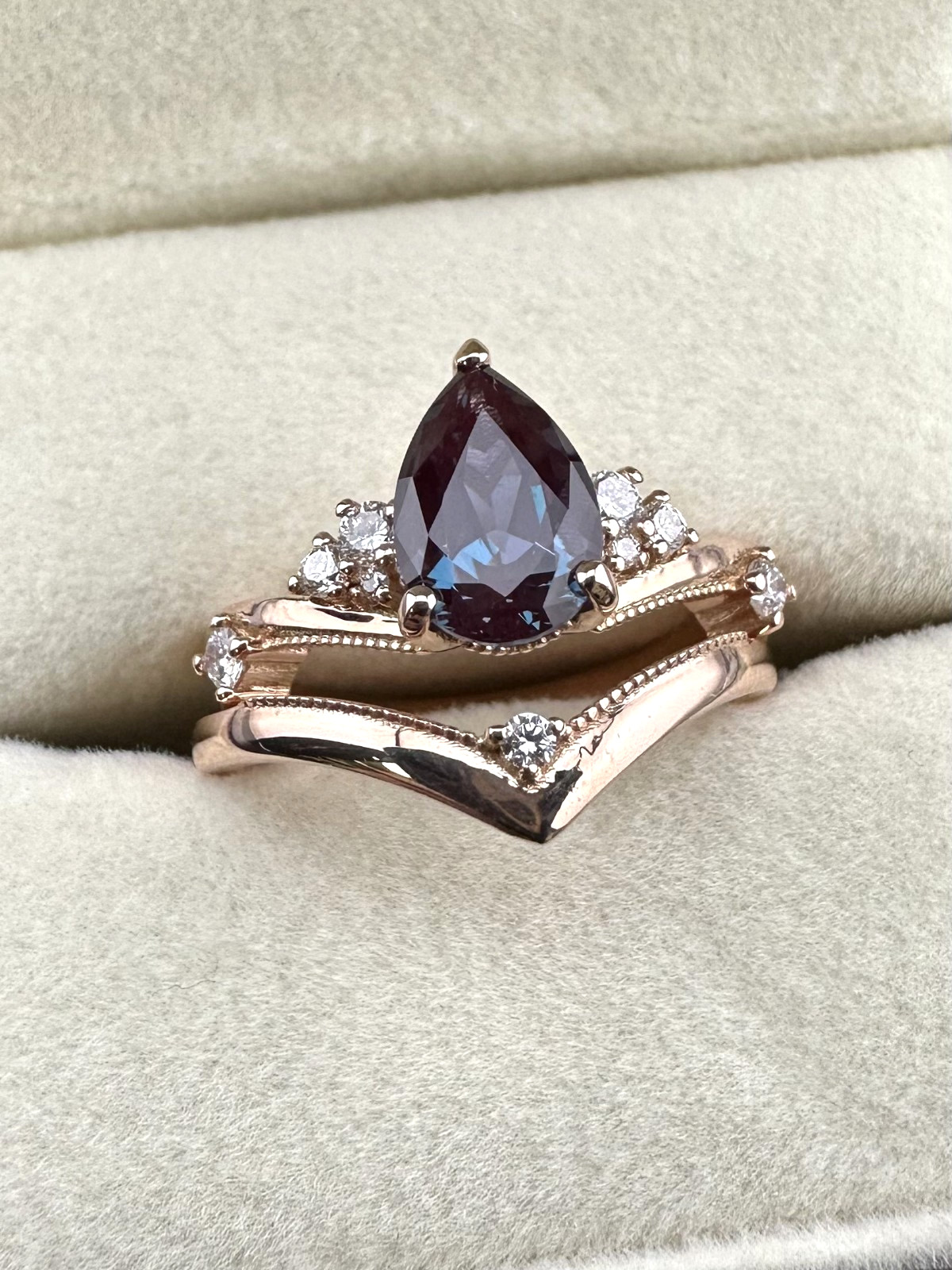 14k Rose Gold Simulated Alexandrite CZ 2pc Ring Set 4.00dwt