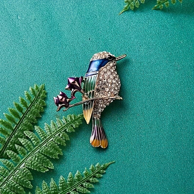 Rhinestone Enamel Magpie Bird Brooch with Flower Branch Lapel Pin