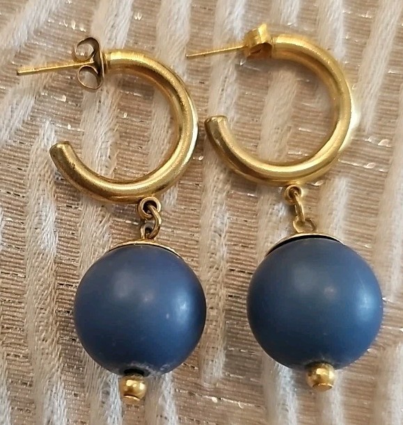 Pierced Dangle Post Earrings Goldtone Hoop W/Round Blue Wood Ball 1 3/4″ L