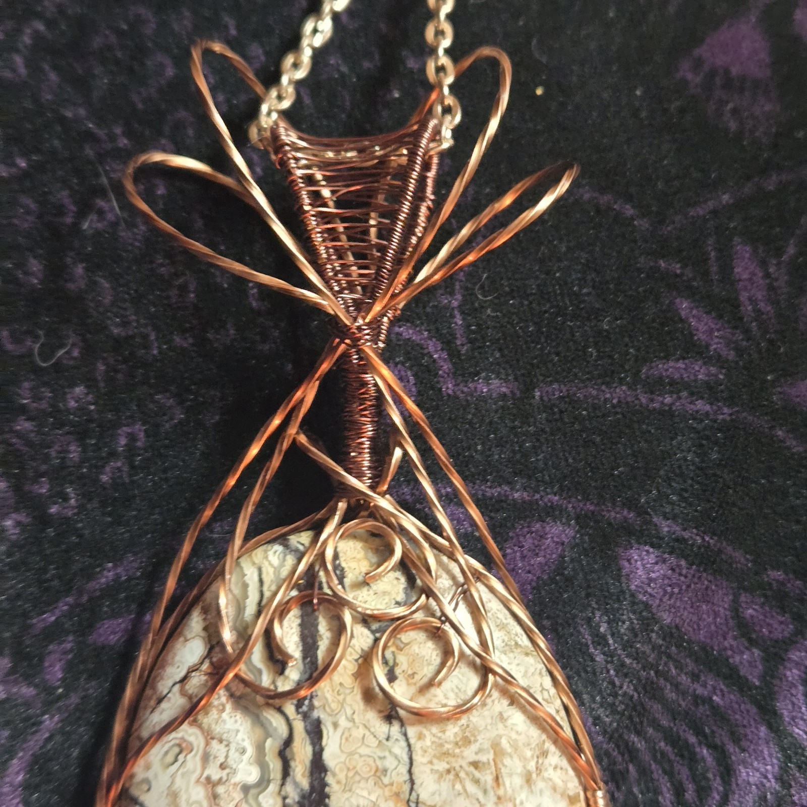 Crazy Lace Antique Copper Wire Wrapped Pendant. An Agate Stream And Trees. Idaho