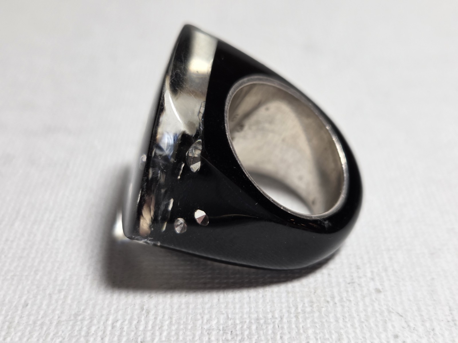 925 Silver Abstract Designer Black Resin Clear Crystal Cocktail Ring Size-6
