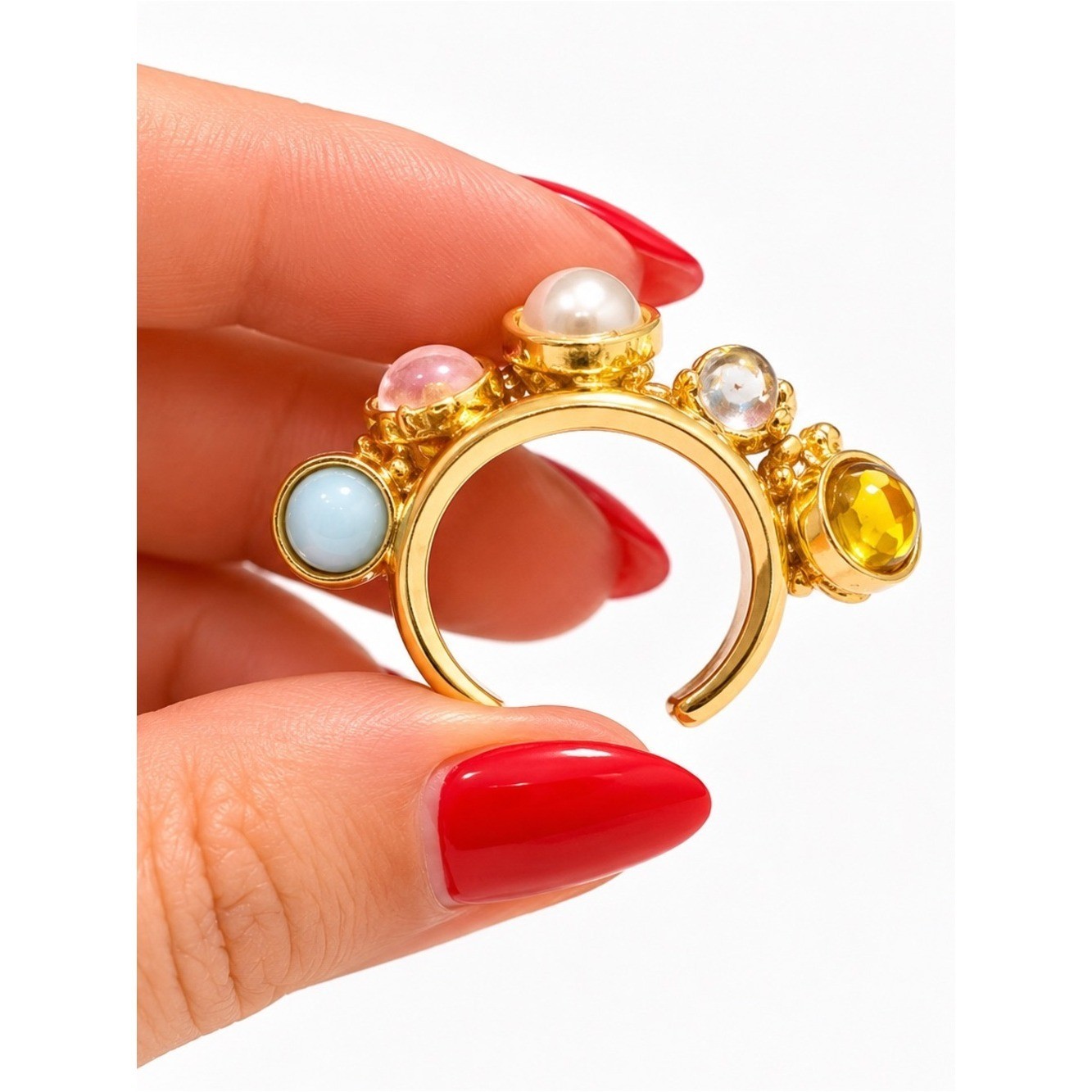 New Gold Tone Multi-Cabochon Charm Statement Ring – Adjustable Boho Cocktail