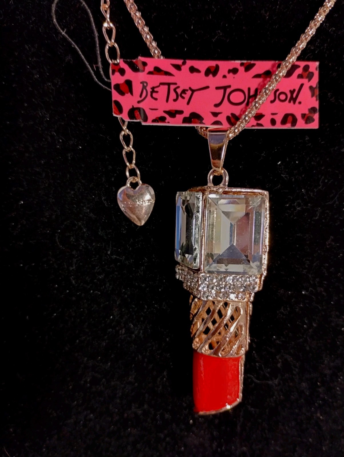 Betsey Johnson Enamel & Crystal Dangling Red Lipstick Shaped Necklace