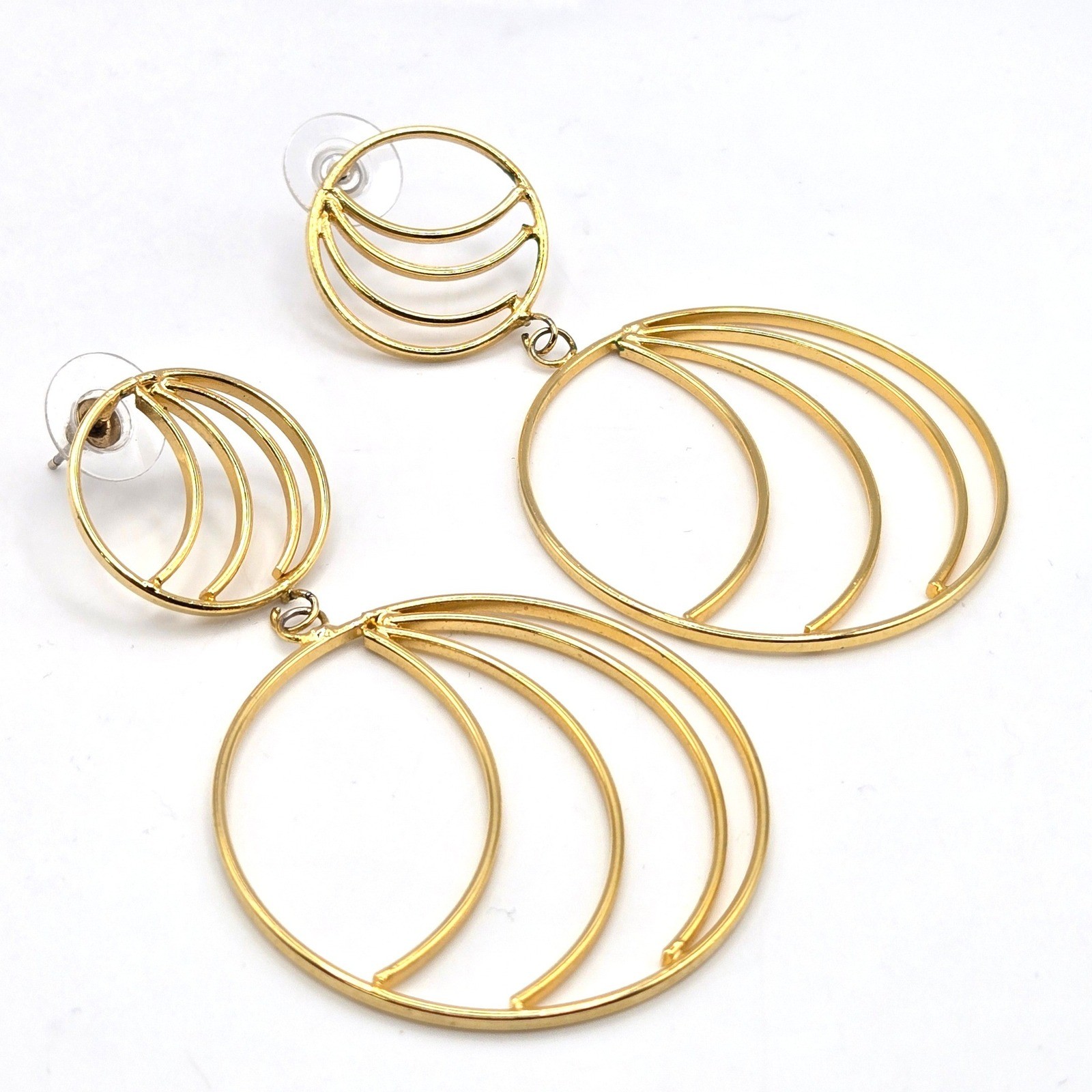 Gold Tone Multi Hoop Concentric Circle Drop Earrings Statement Geometric Post