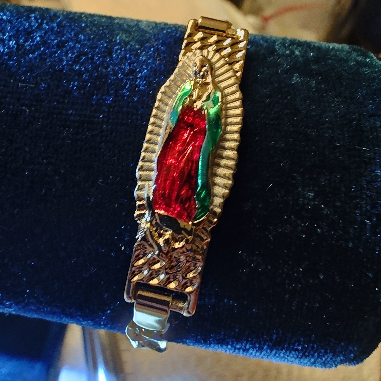 Bracelet Gold Virgin of Guadalupe 18K Plated Figaro Link Italy 750 Enamel