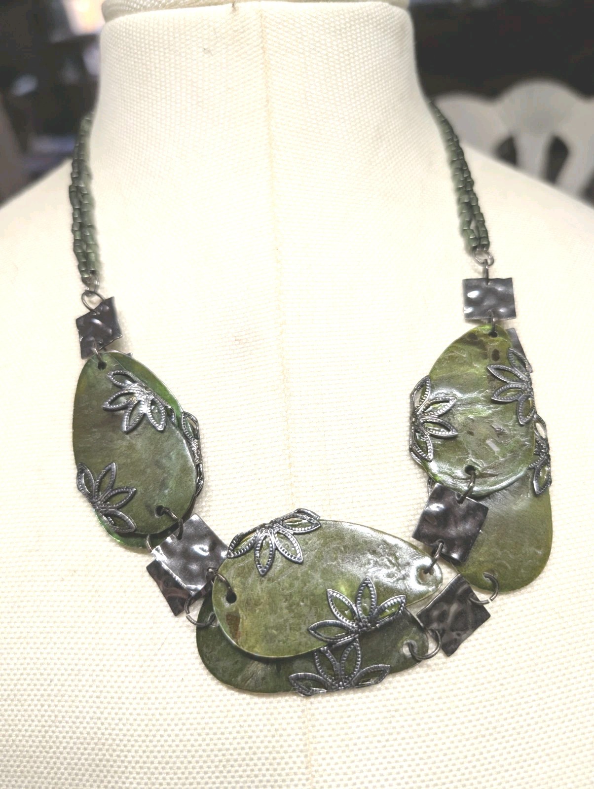 Large Green Stone Leaves Necklace with Metal Flowers & Seed Beads Chain