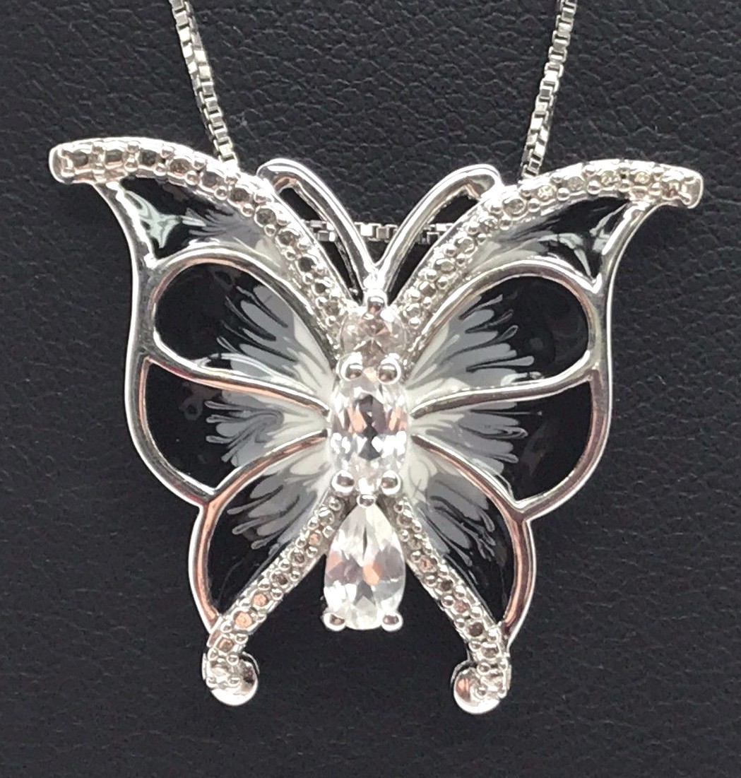 Sterling Silver 925 Black Gray White Enamel – CZ Butterfly Elegant Necklace 18”
