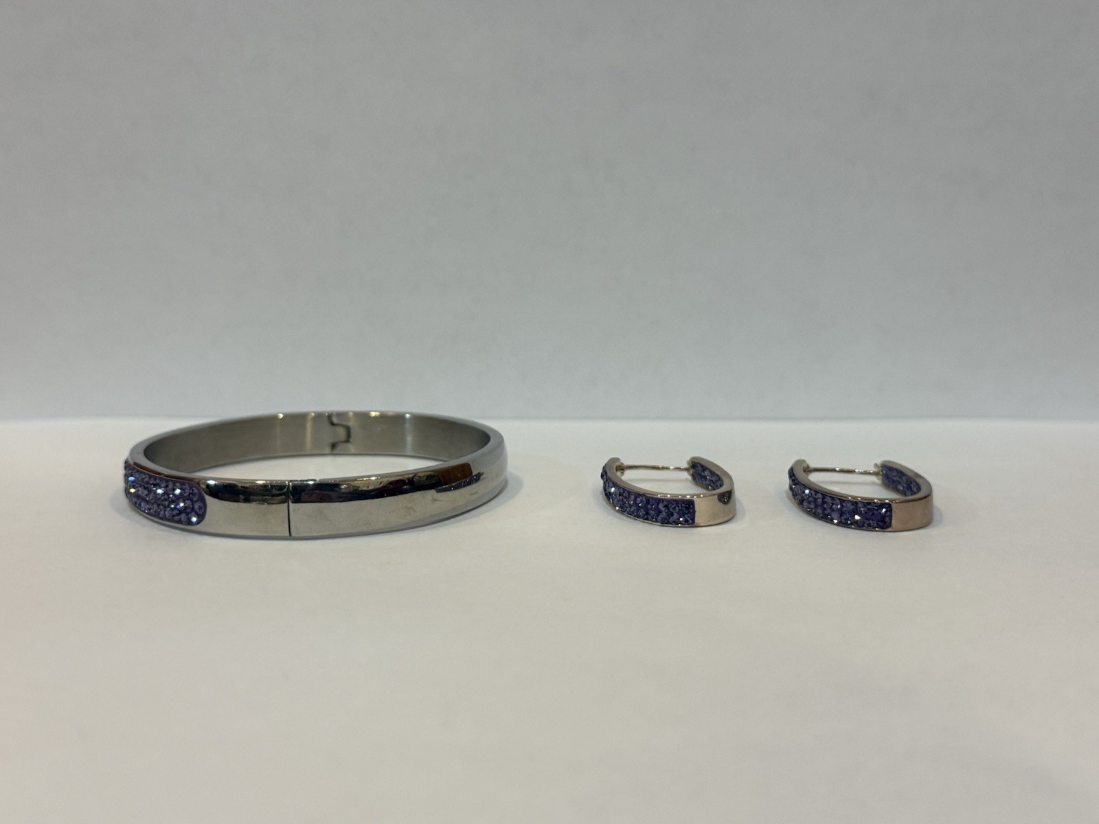 JCM Stainless Steel Bracelet W/3 Rows of Purple Rhinestones, Matching Earrings