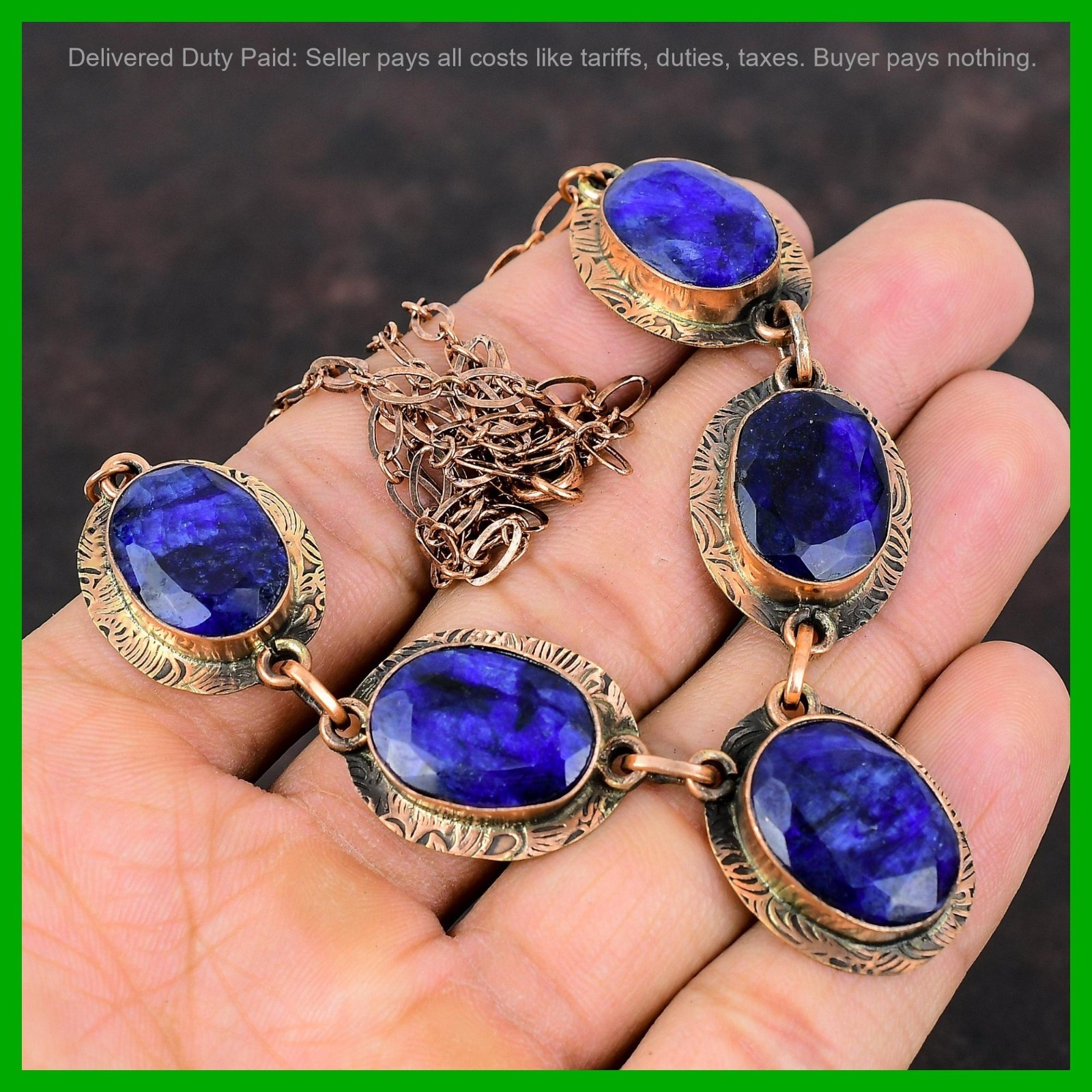 Copper Oval Blue Saphire Gemstone Bezel Handcrafted Anniversary Wedding Necklace