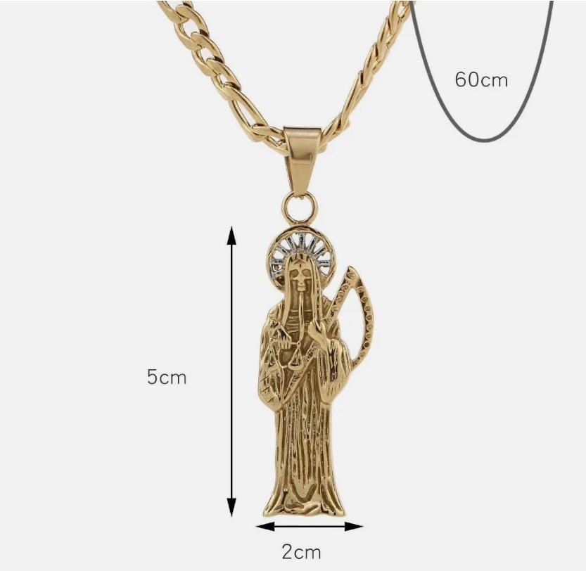 Small 50mm Stainless Steel Death Santa Muerte Skull Biker Pendant Necklace