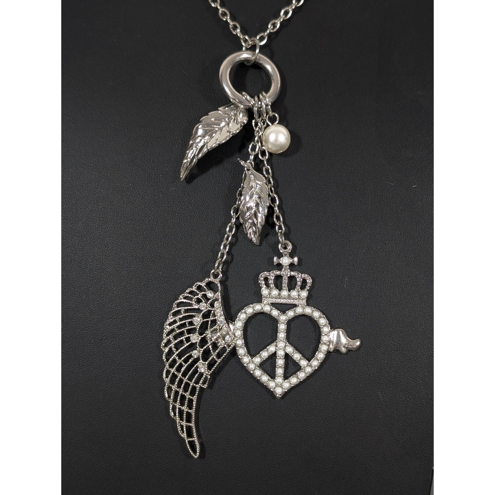 Charm Necklace Heart Peace Crown Angel Wing Faux Pearl Silver Tone 32 in