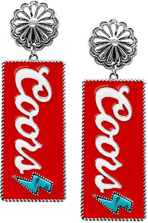 Western Concho Burnished Silver Tone Epoxy Earring Beer Cowgirl Country Stud Red