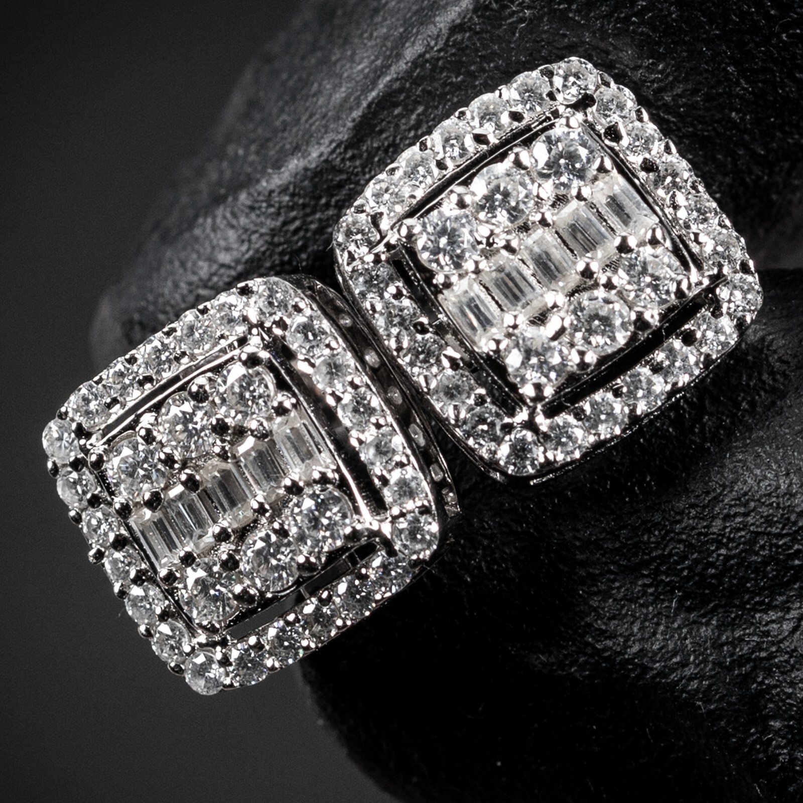 White Gold 925 Sterling Silver Square Baguette Iced Cz Hip Hop Stud Earrings