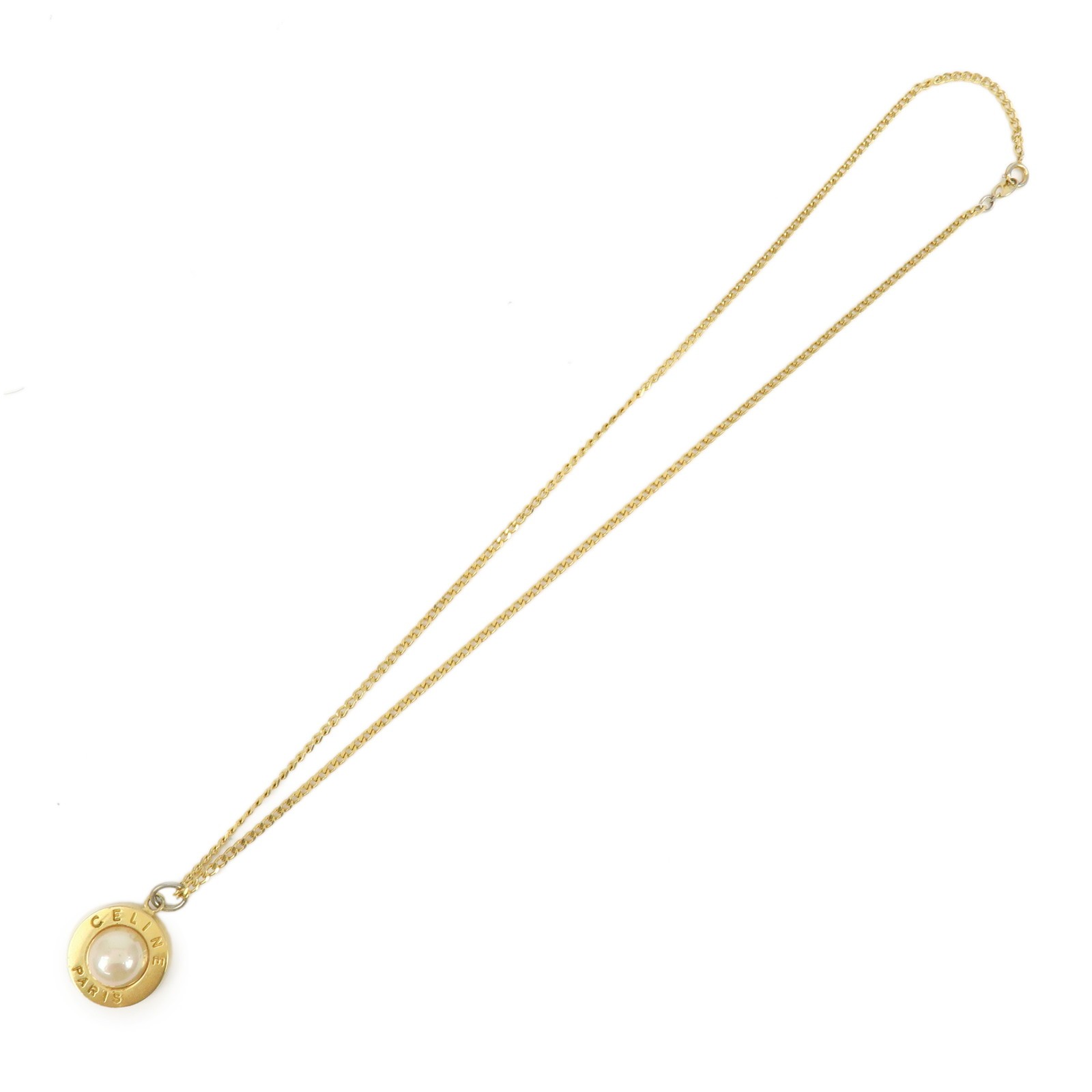 CELINE Gold Plated Imitation Pearl Necklace Gold Authentic Used F/S