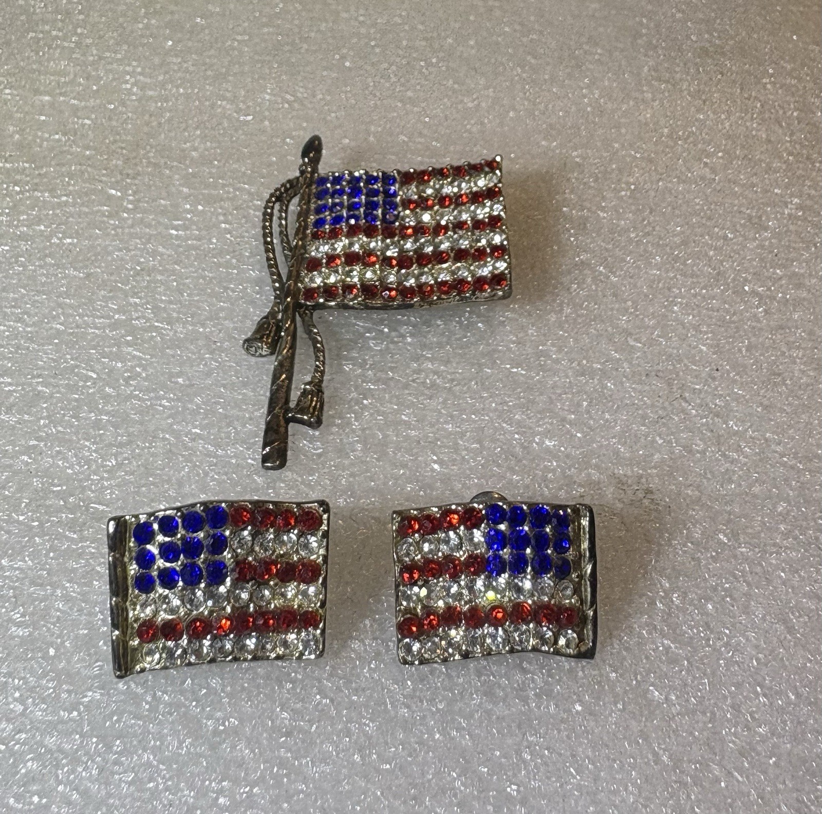 Patriotic Rhinestone American Flag Pin and Earrings Set