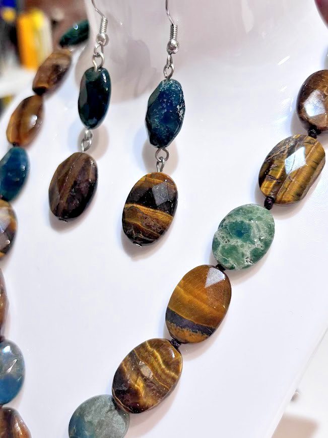 Palm Beach Jewelry Genuine Tiger’s Eye Jasper Teardrop Pendant Necklace Earrings