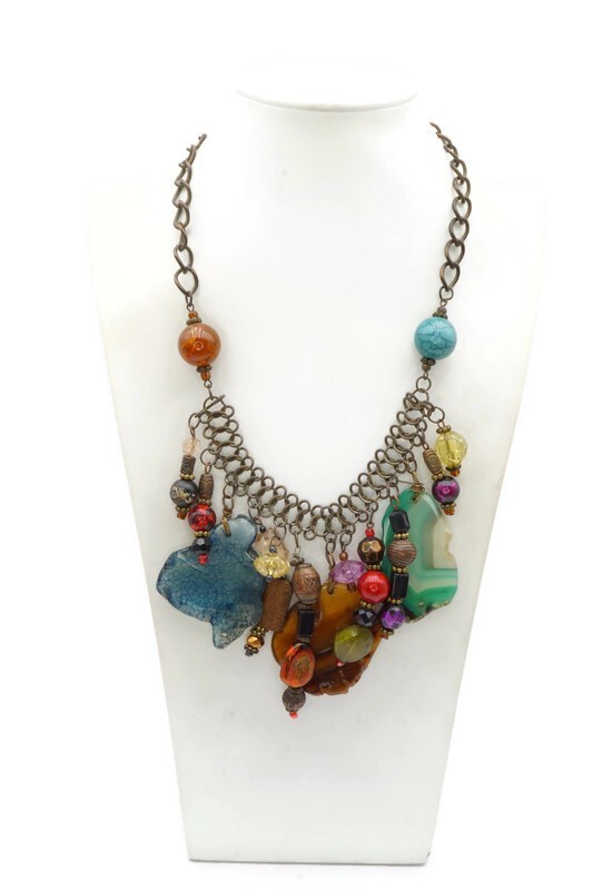 You And I Necklace Brass Tone Crystal Bead 21″
