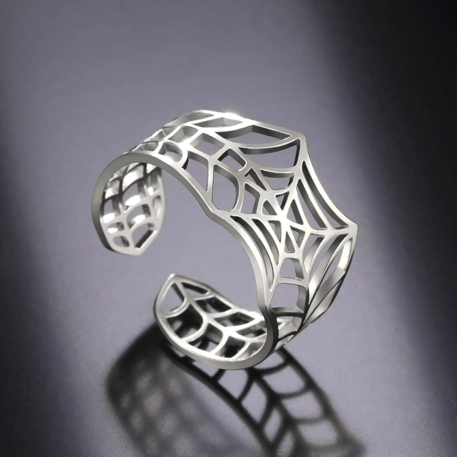 Gothic Art Deco Spider Web Ring Silver Stainless Steel Cybergoth Tarantula Band