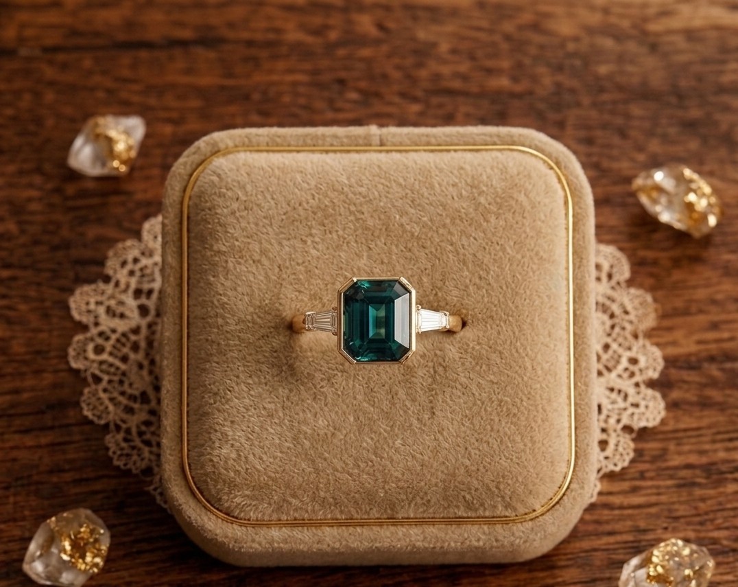 2.10 Cut Emerald Cut Natural Teal Sapphire Proposal Diamond Ring 14k Solid Gold