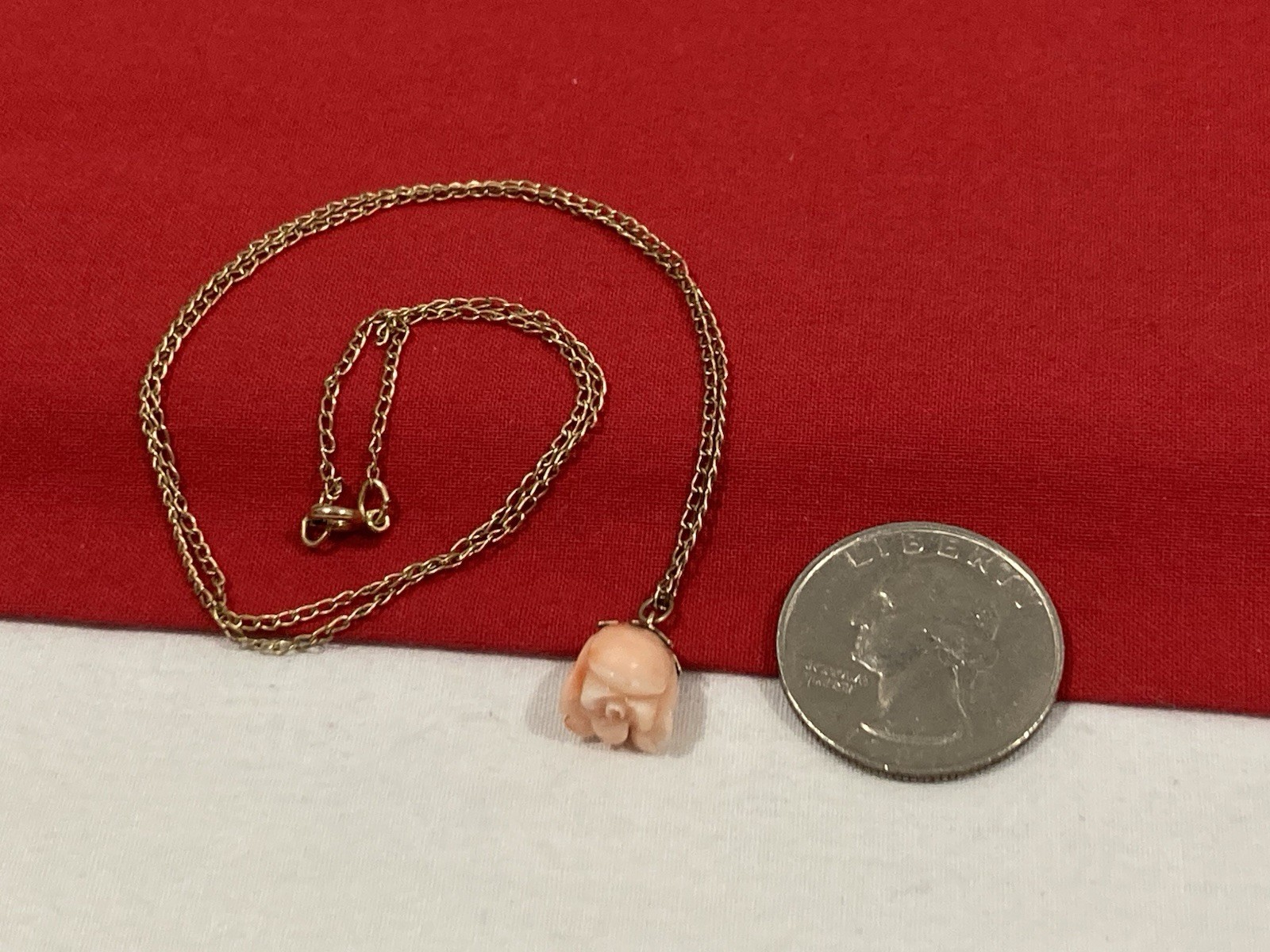 Vintage 1/20 12k G.F. Gold Filled Carved Pink Rose Flower Pendant & Necklace 18”