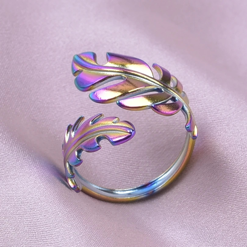 2PCS Stainless Steel Ring Leaf Water Droplet Adjustable Gold Plated Jewelry