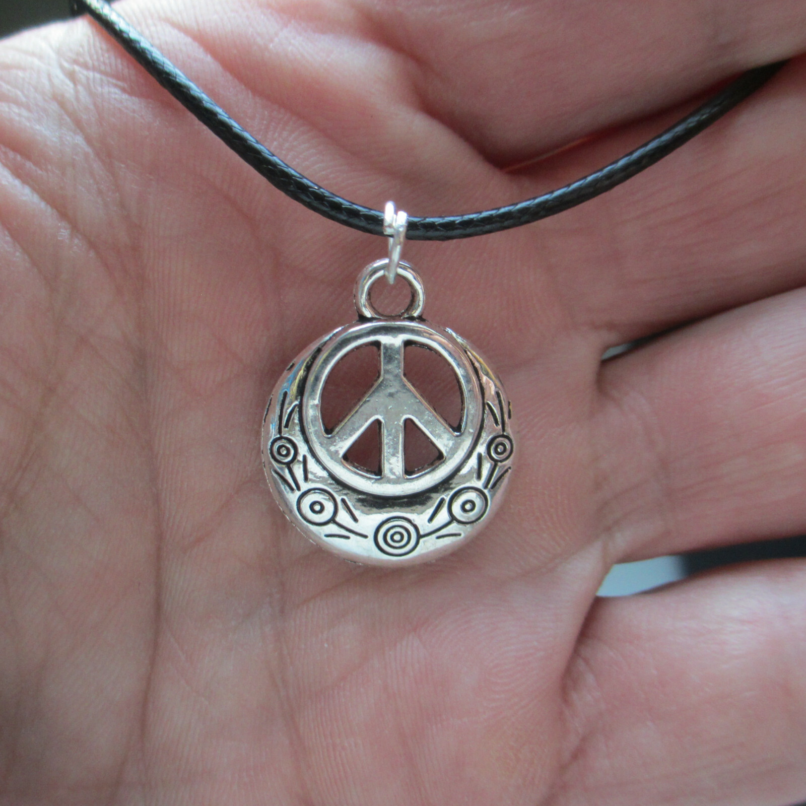PEACE Sign Minimalist Hippie Flair Necklace, 19″ Lg w/2″ Adj Metal Charm Pendant