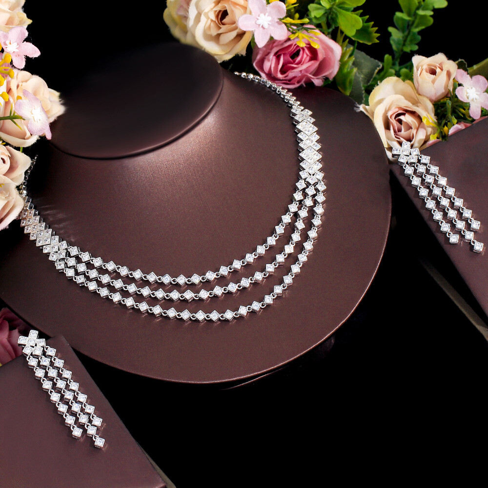 Silver Plated Zircon Multi-layer Necklace Long Tassel Earrings Women Jewelry Set