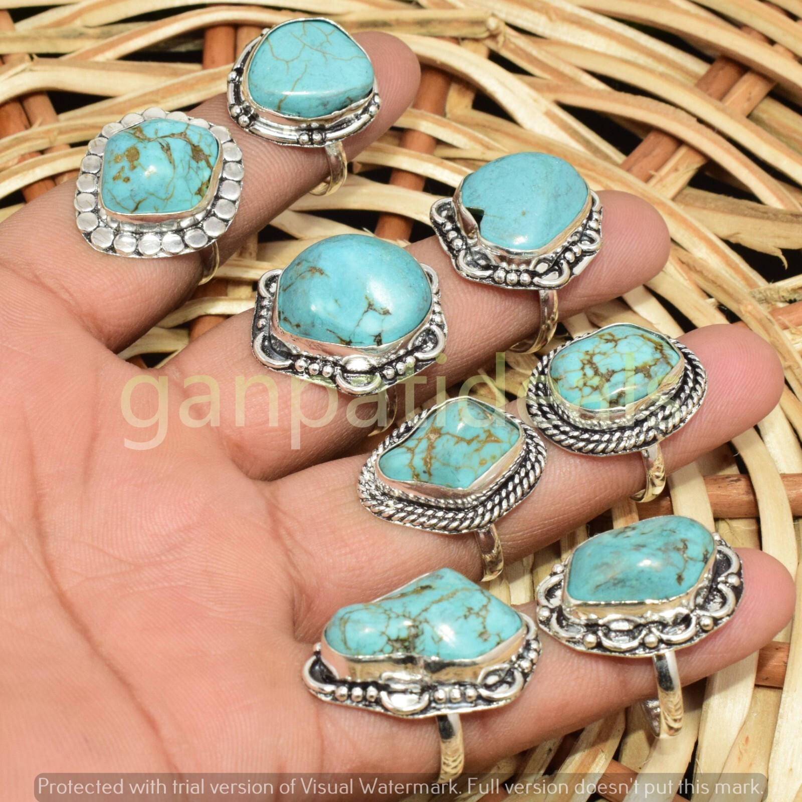 1000pcs Lot Turquoise Gemstone Rings Wholesale Lots 925 Silver Plated Jewelry