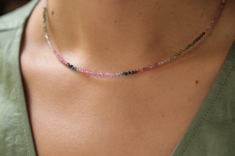 A+++ Dainty Tourmaline Faceted Round Gemstone Beads Girls & Women Necklaces 18”