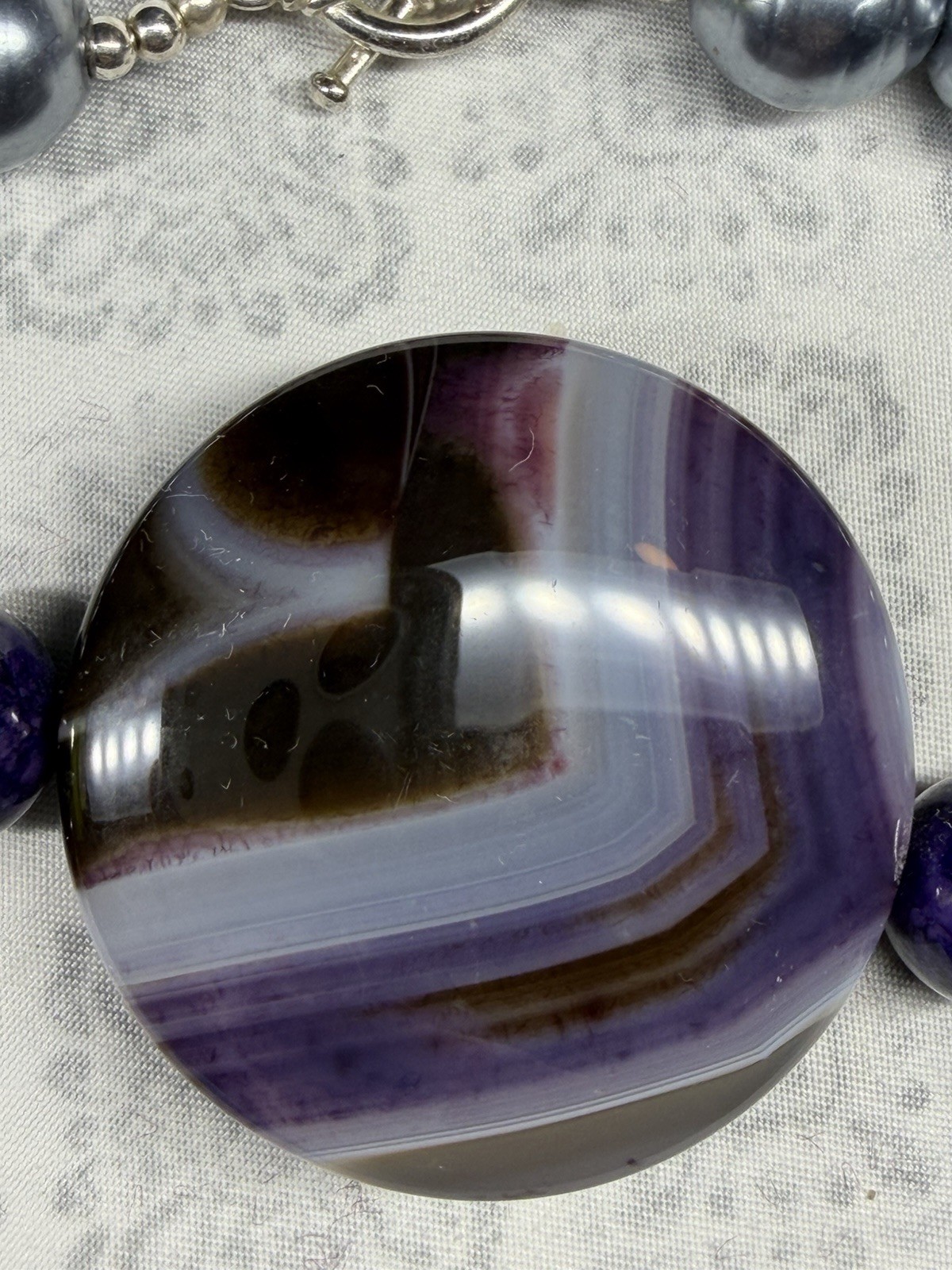 Artisan Banded Purple Agate Statement Necklace Pearl Beads Silver Clasp OOAK