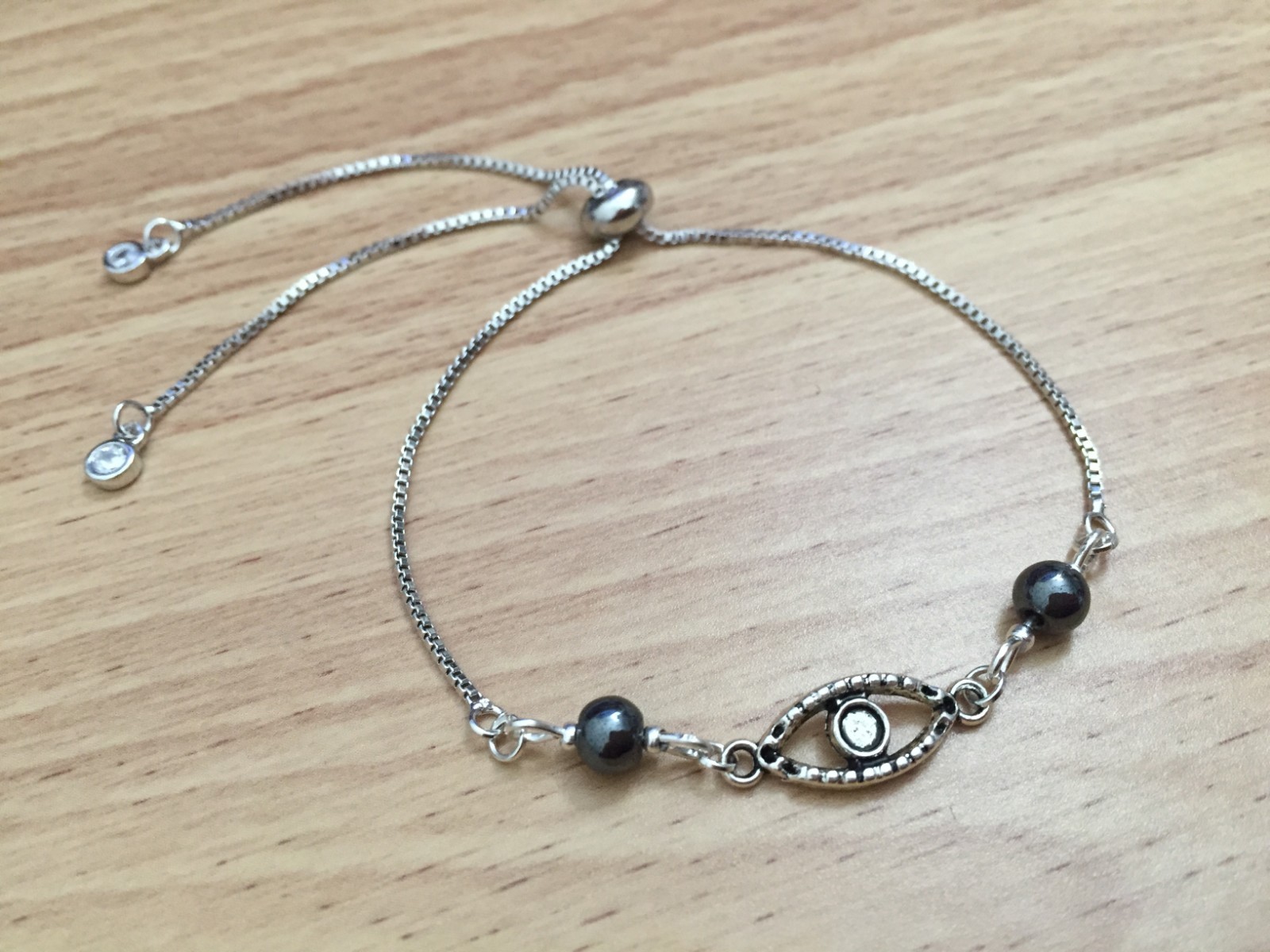Delicate and Dainty Silver Chain Women Bolo Bracelet w/ Gray Hematite – Evil Eye