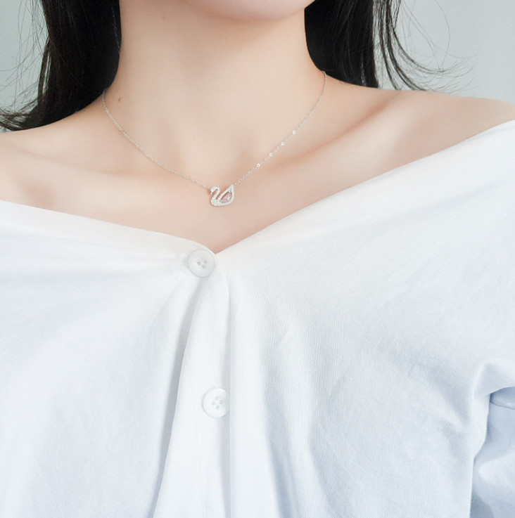 Women 925 Sterling Silver Pink CZ swan pendant necklace Stud Earrings gift E21