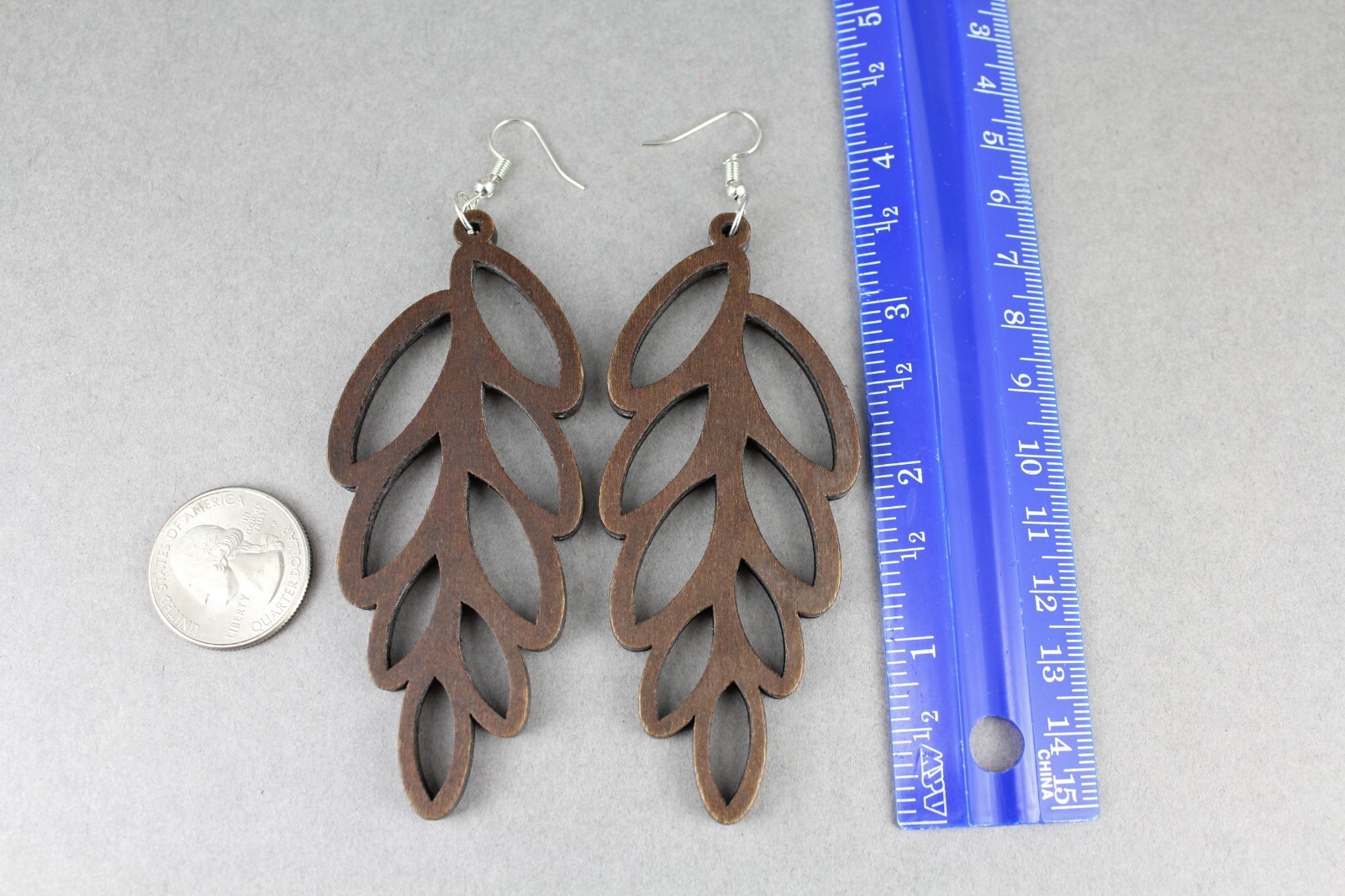 dark Brown wood leaf earrings dangle lightweight wood 4 3/8″ long feather vine