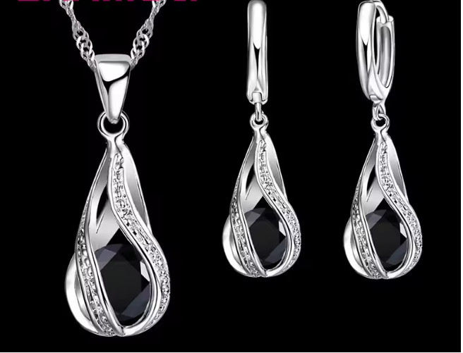 3Pcs 925 Sterling Silver Jewelry Set Drop Earrings Pendant Necklace Spiral Woman