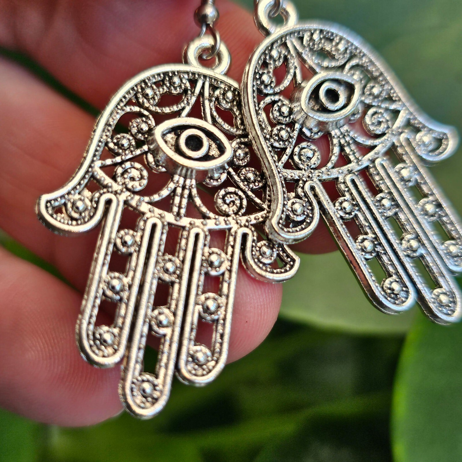 Large Hamsa Earrings Evil Eye Protection Filigree Silver Drop Dangle Jewellery