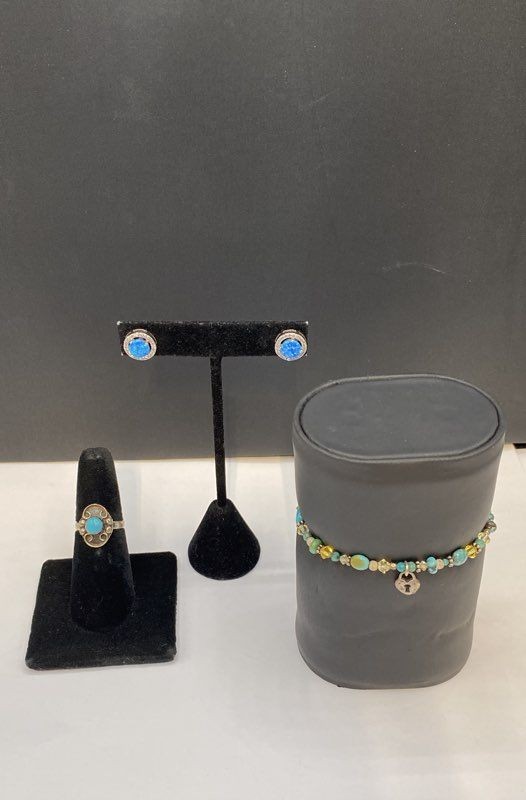 Sterling Silver 925 Turquoise Faux Opal Jewelry Set Ring Size 6.25 Bracelet 8″