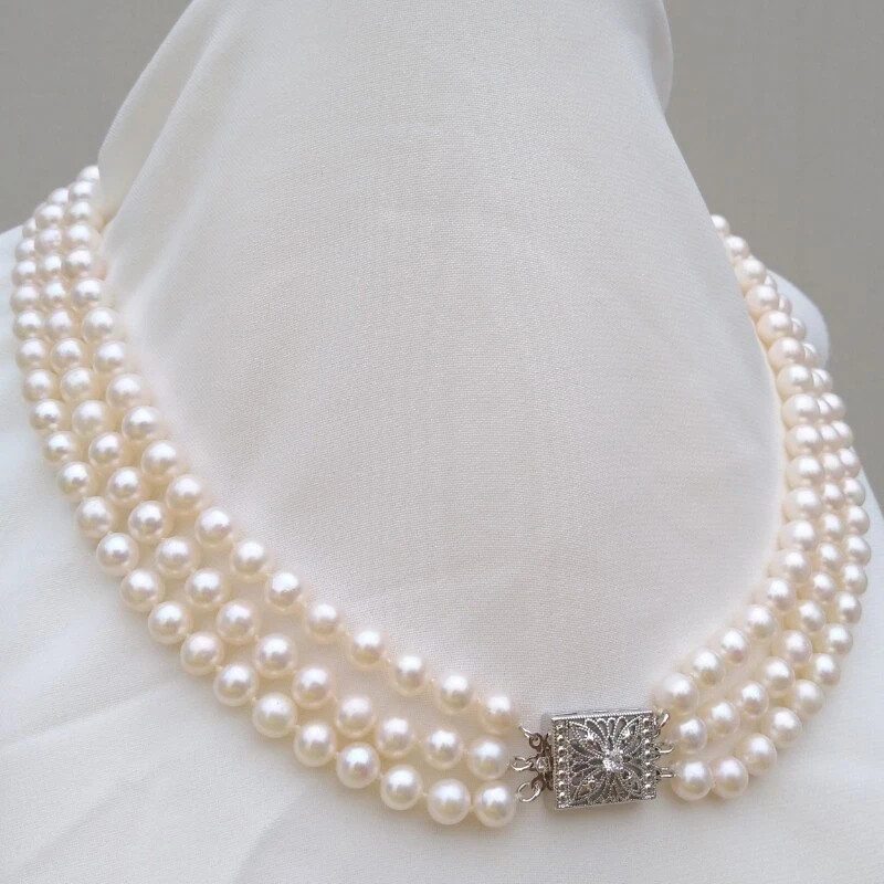 17″-19″ Triple Strand Natural 6-7mm Akoya Round White Pearl Necklace 925 Clasp