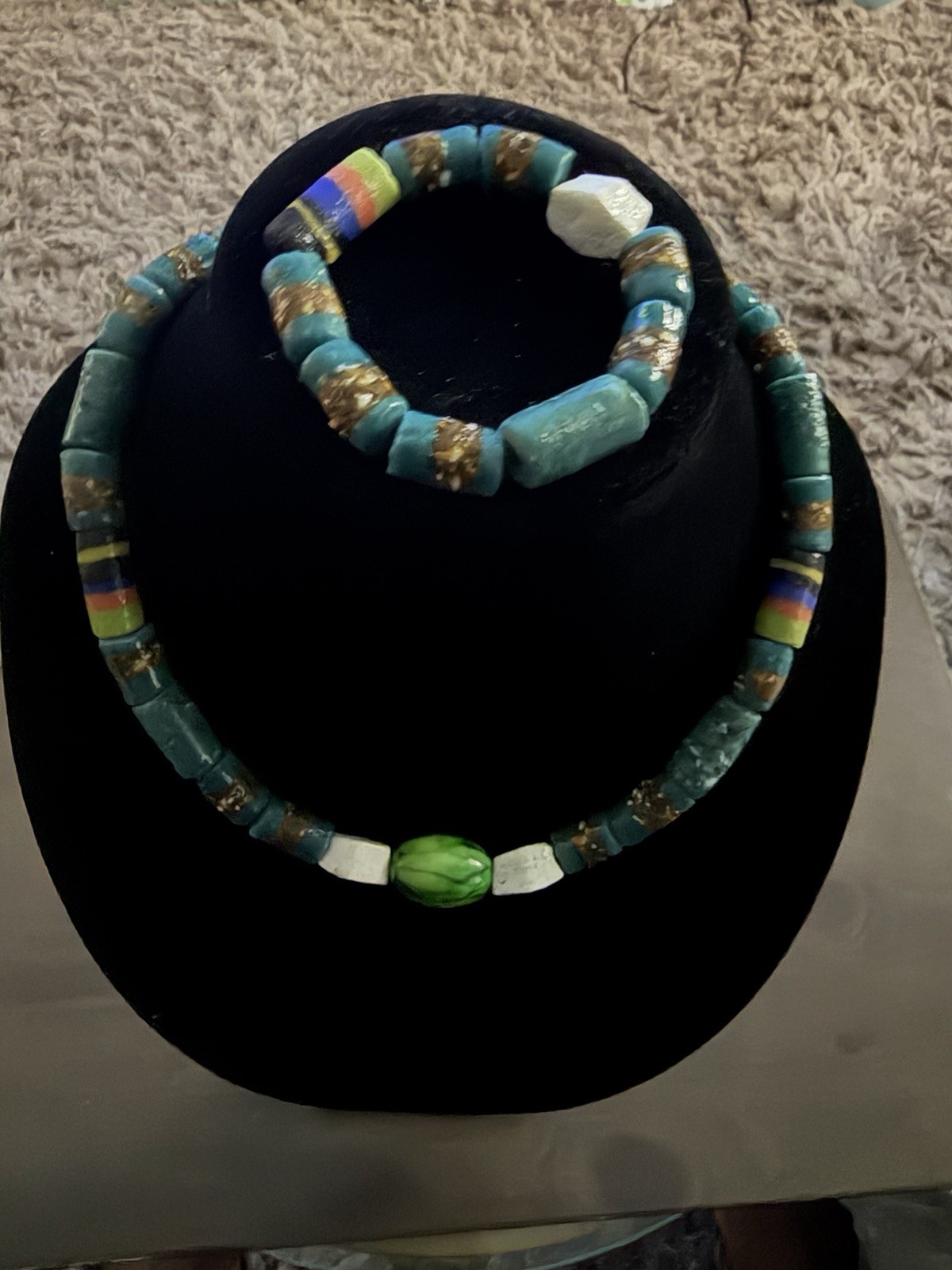 Trade Bead Necklace Set, Green Oval Center Bead, Blue & White Hex Beads