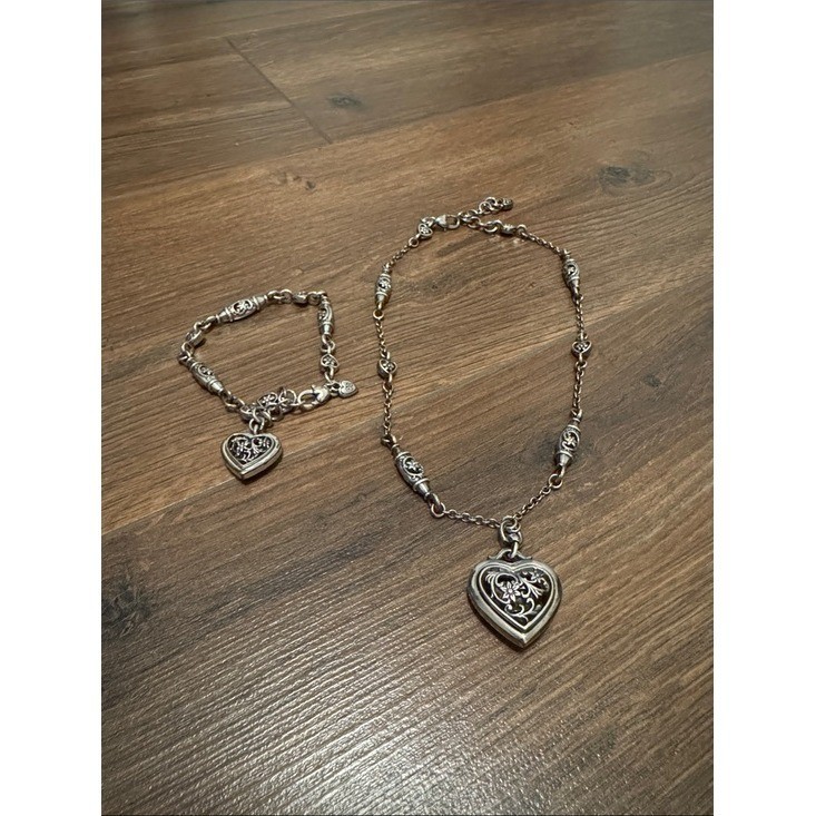 Brighton Silver Tone Filigree Heart Necklace and Bracelet Set Floral Jewelry