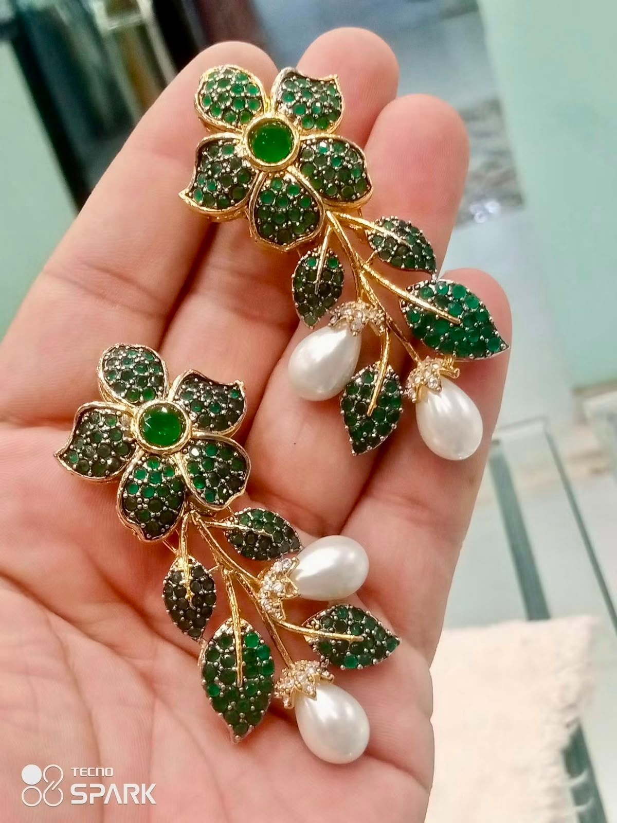 Pakistani Gold Plated Green Crystal Bridal Earring Flower Dangle Wedding Jewelry