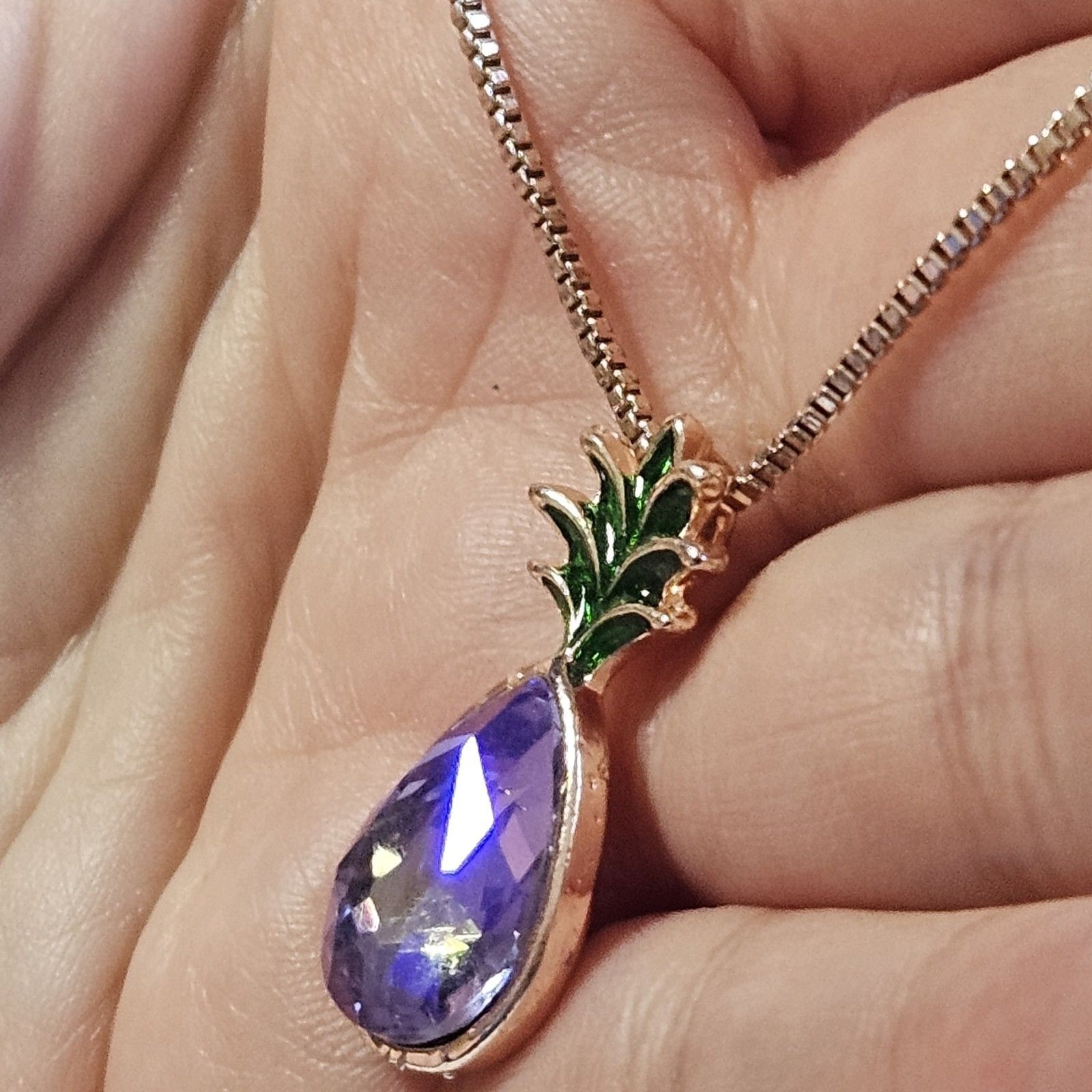 Rose Gold Tone Purple Rhinestone Pineapple Pendant Necklace 16-18″