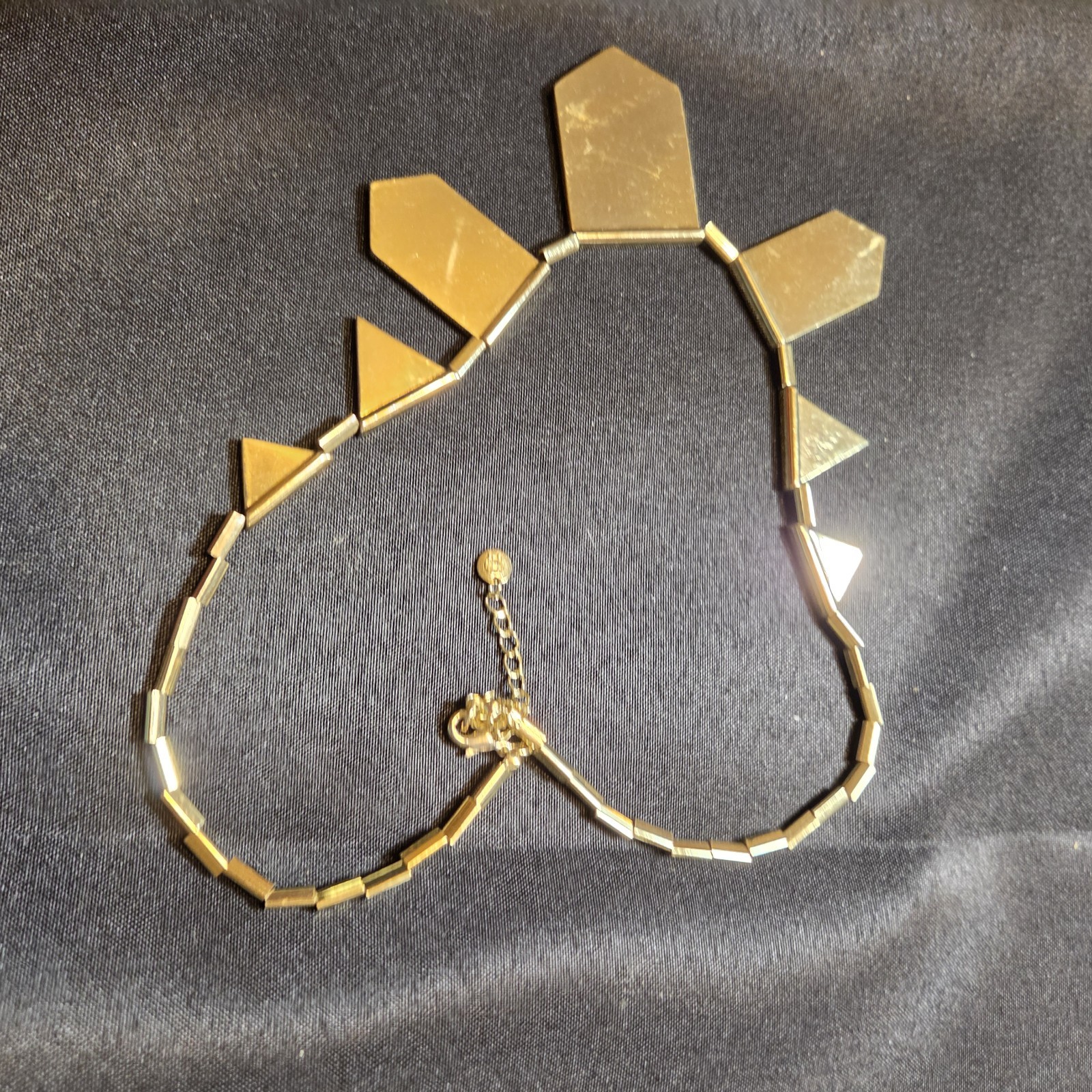 House of Harlow Signed Black Leather Gold Plate Geometric Tile Bib Necklace 20″