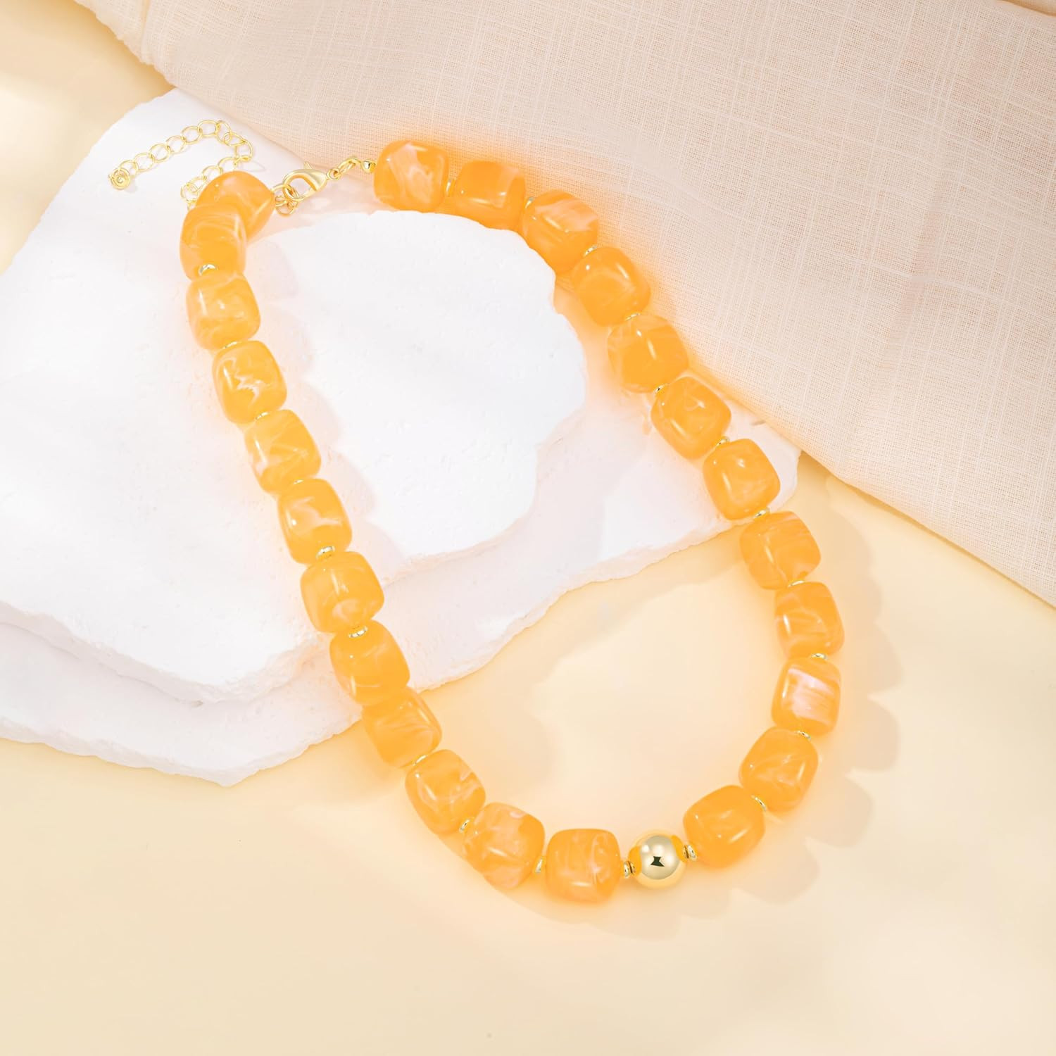 Chunky Necklaces for Women Trendy Multicolor Large Square Resin Beads Necklace T