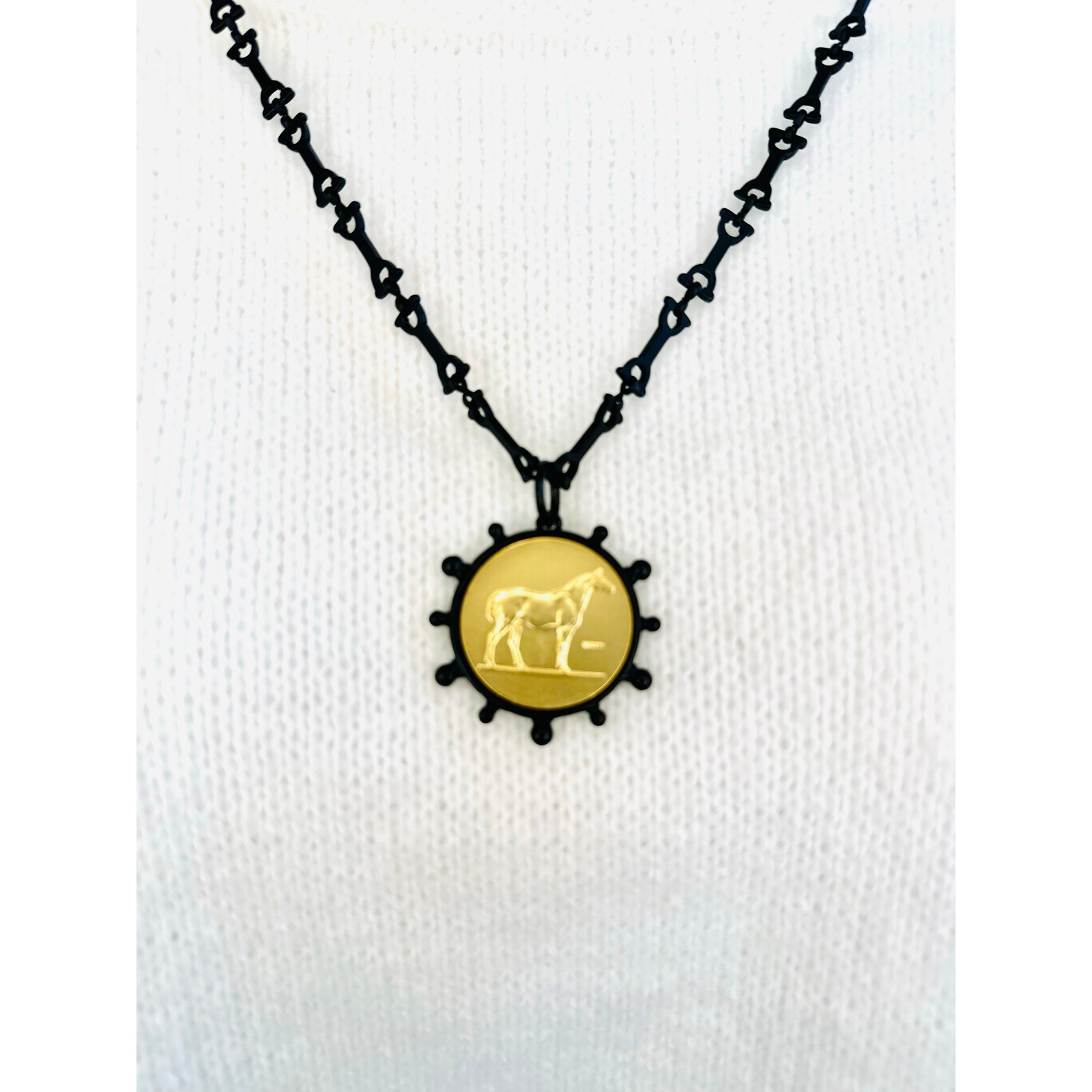 Black and Gold Intaglio Necklace 24” equestrian horse bit chain.
