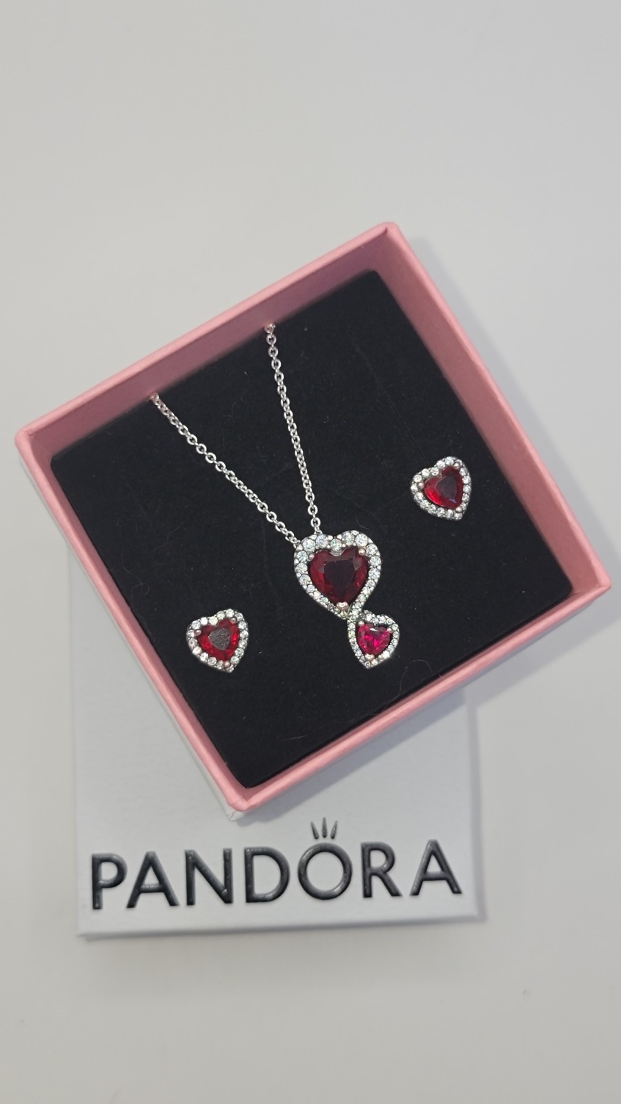 Authentic Pandora Red Halo Hearts Necklace & Earrings Gift Set
